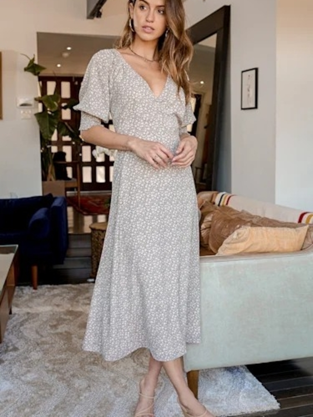 Lulu's x LUSH Times With You Floral Print Puff Sleeve Midi Dress - Sage Green